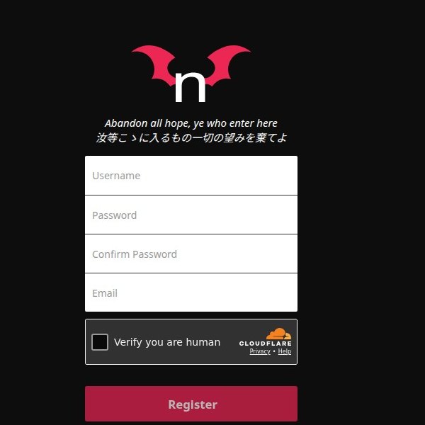 Formulário de registo do nhentai.net com quatro campos e o botão Register